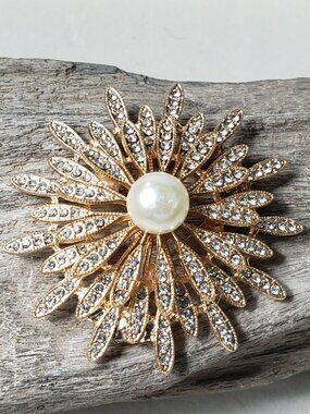 New Floral Brooch with Center Faux Pearl Petals with Clear Rhinestones
